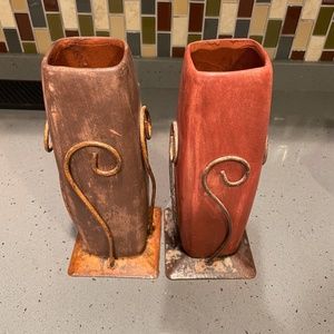 2 vintage rustic/industrial metal vases